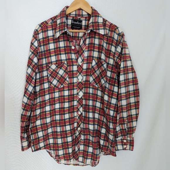 Branford Red Plaid Button Down Flannel Size Large Western Rodeo Lumberjack - Picture 1 of 11